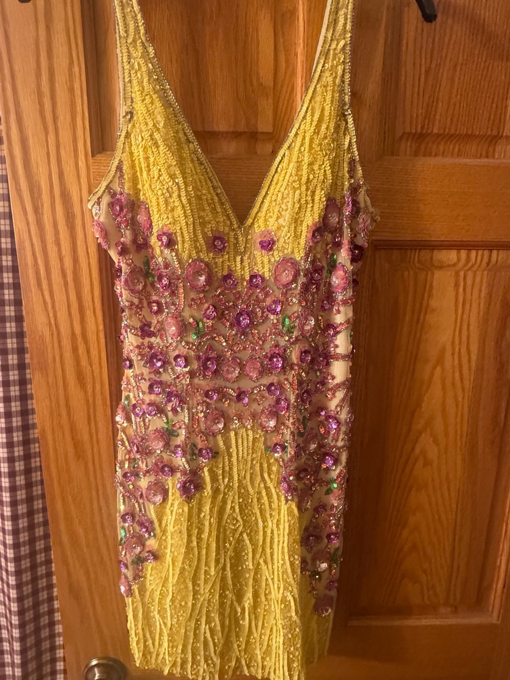 Primavera Couture Yellow Dress with Pink Floral Embellishments